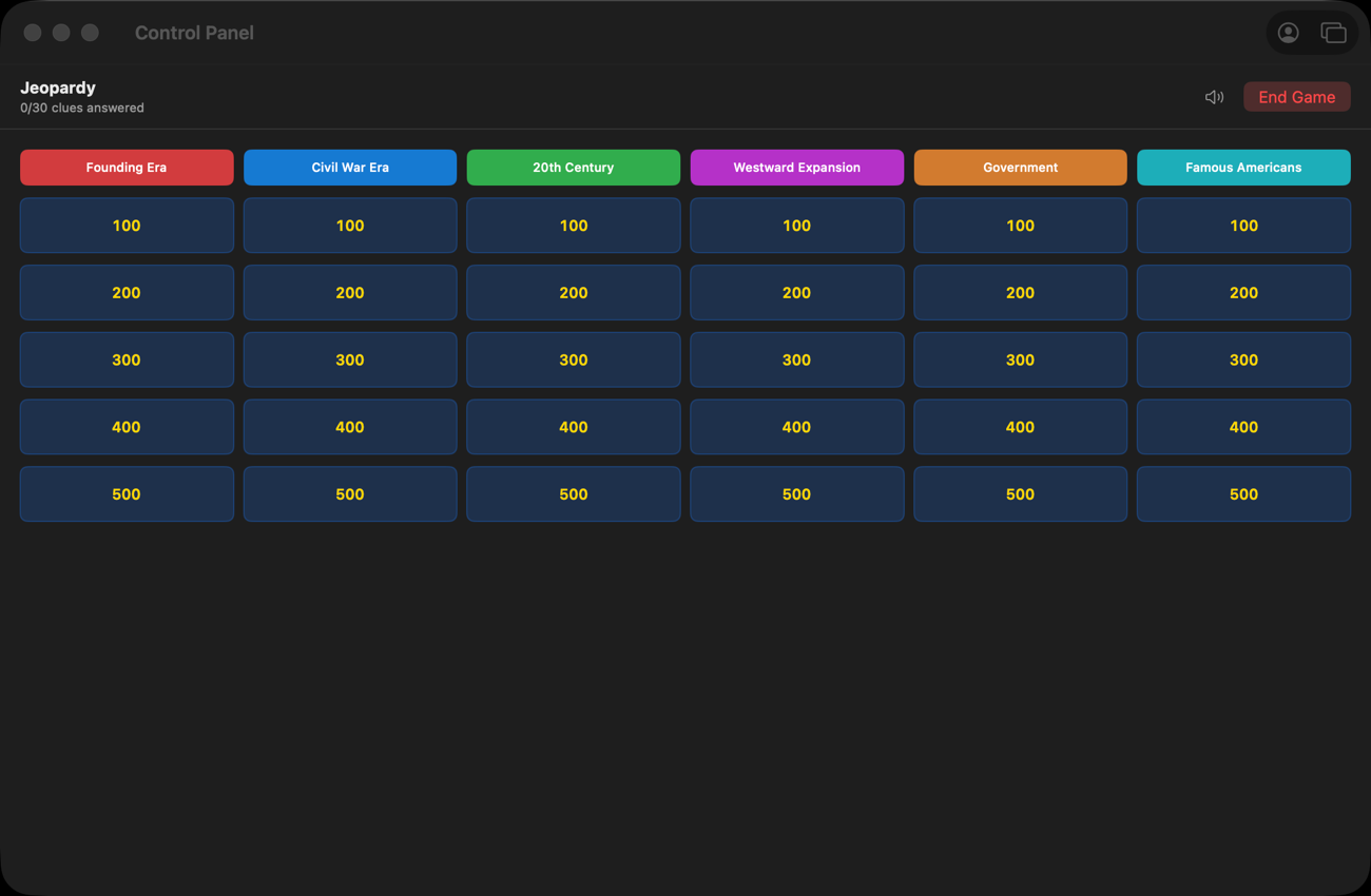 The teacher's control panel during a Jeopardy game, mirroring the board with the clue counter and End Game button.