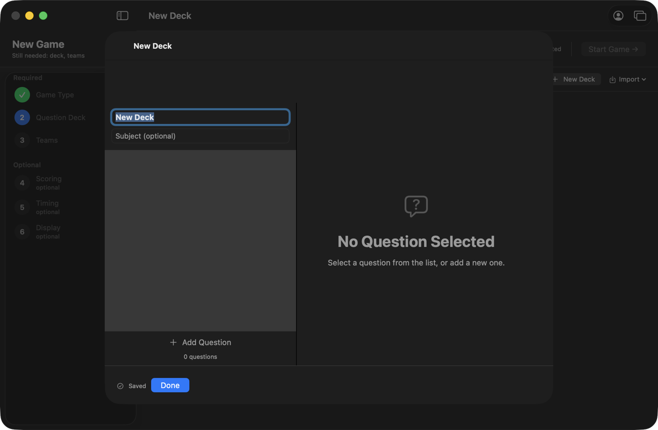 The deck editor just after clicking New Deck: the name field is selected and ready to type over, with an empty question list and an Add Question button.