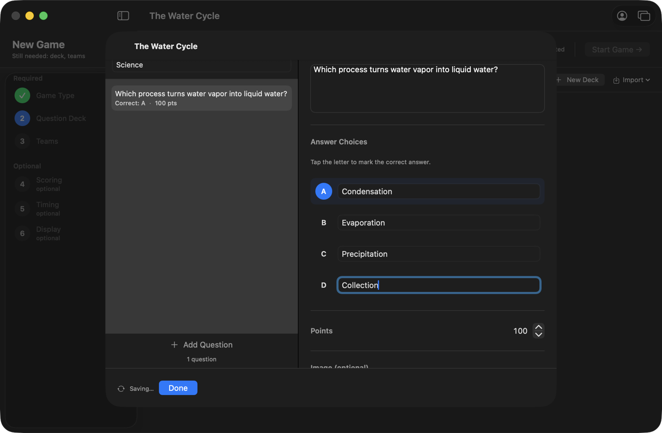 The question editor with a filled-in question, four answer choices, choice A marked correct in blue, and a points field set to 100.