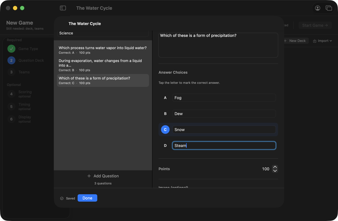 The deck editor with three questions in the list, each showing its correct answer letter and point value, and the third question open in the editor.