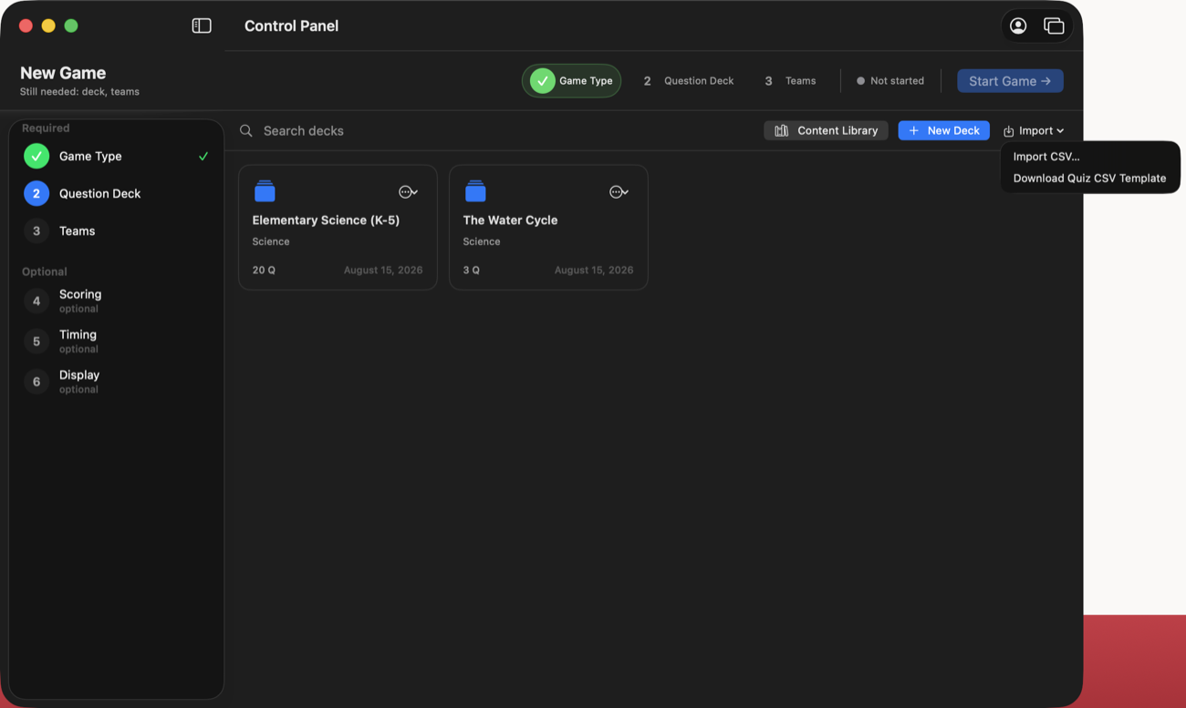 The Import menu open on the Question Deck step, showing Import CSV and Download Quiz CSV Template options.