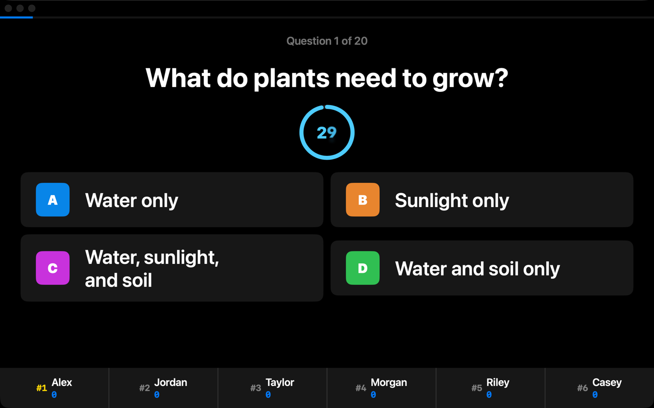 A projected quiz question with a countdown ring, four color-coded answers, and the student leaderboard.