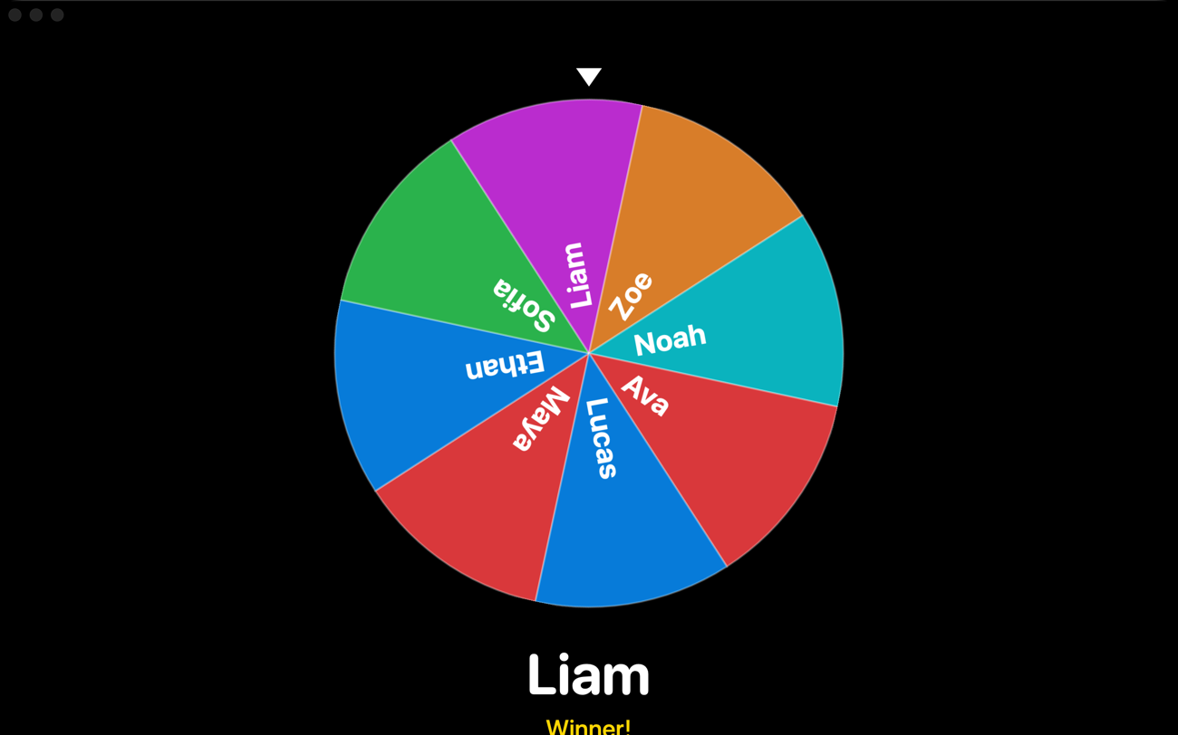 The prize wheel landed on Liam, with Winner! underneath.