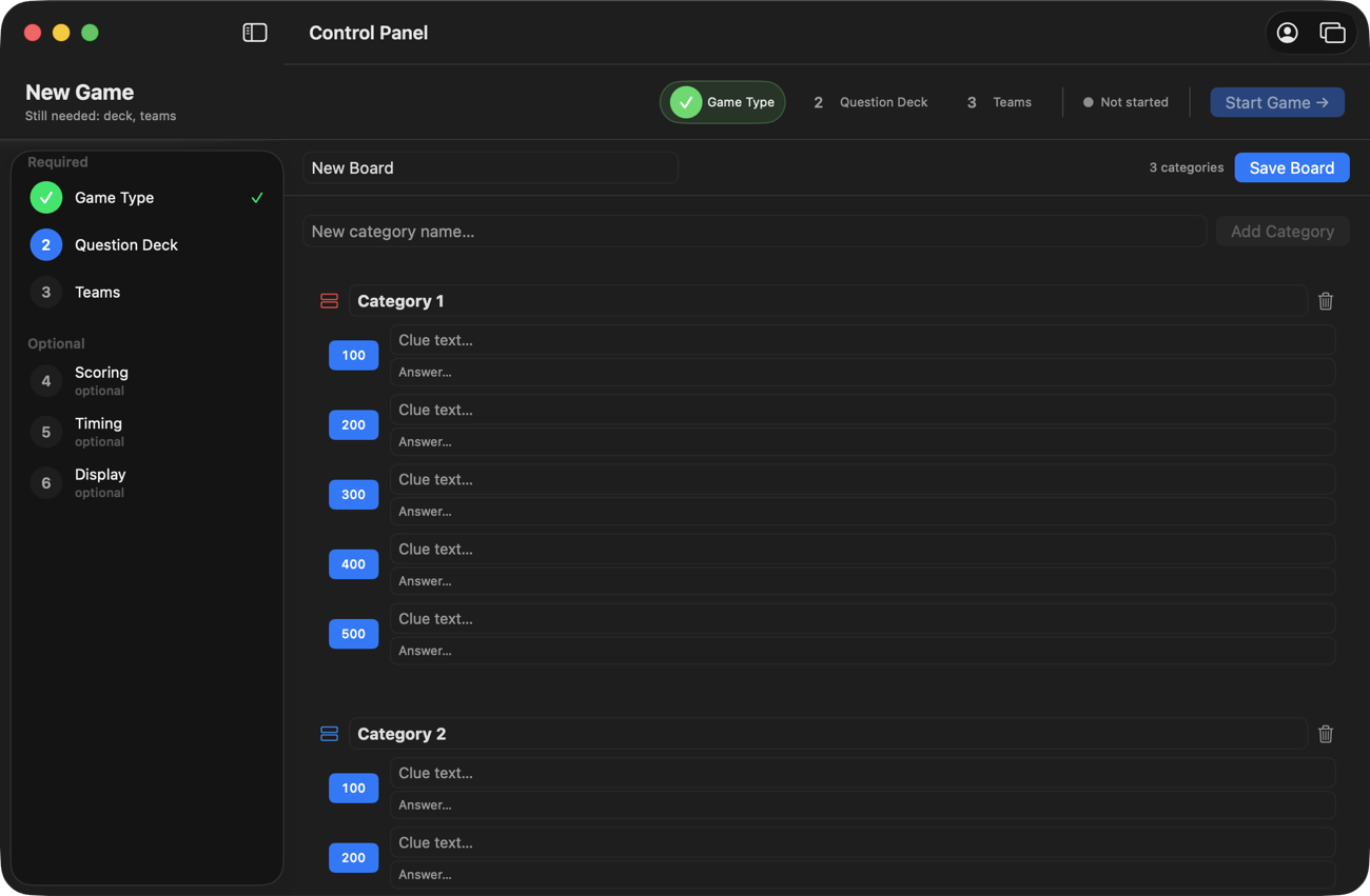 The new board editor: a board name field, an Add Category input, and categories each holding five clue-and-answer slots valued 100 to 500 points.