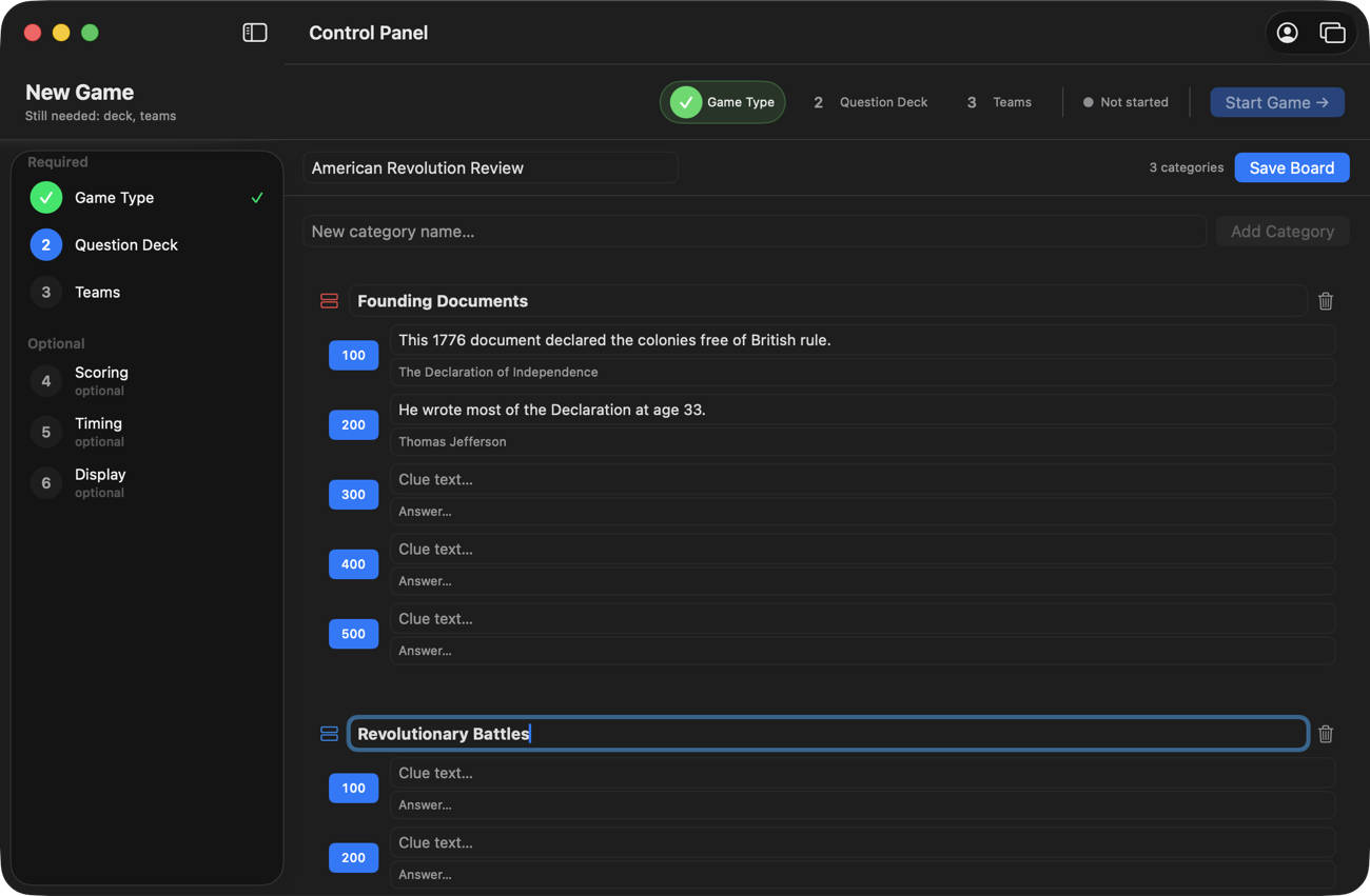 The board editor with a named board, a Founding Documents category with two filled clues and answers, and a second category renamed Revolutionary Battles.