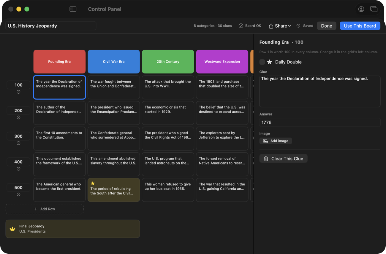 The board editor: six colored category columns across the top, a 100-to-500 point ladder down the left, and an inspector on the right editing one clue and its teacher-only answer.
