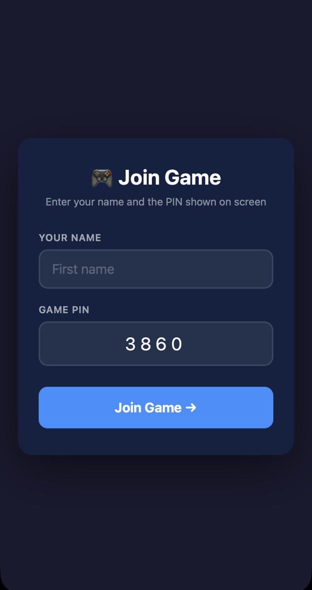 The student join page on a phone: name field and the game PIN already filled in from the QR code.