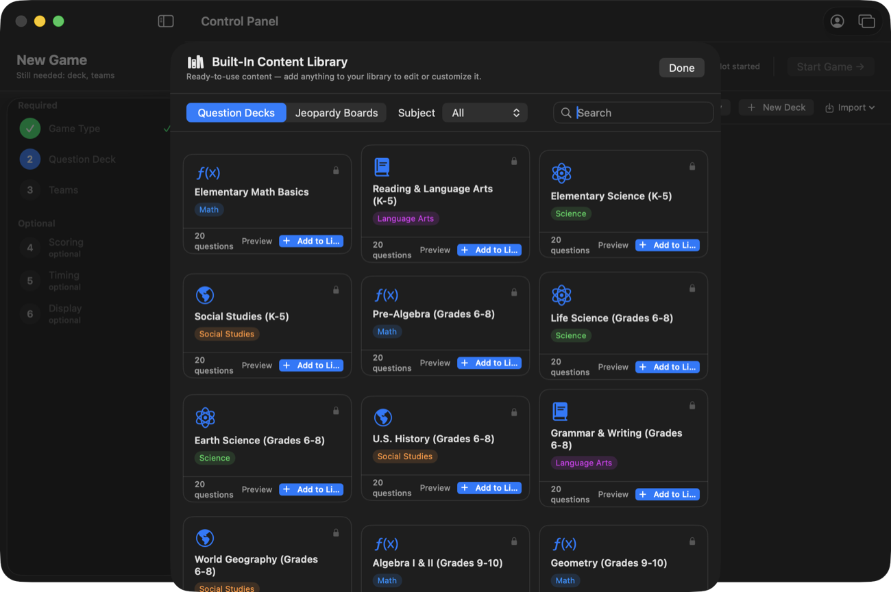 The Built-In Content Library showing ready-made decks by subject: math, science, language arts, and social studies.