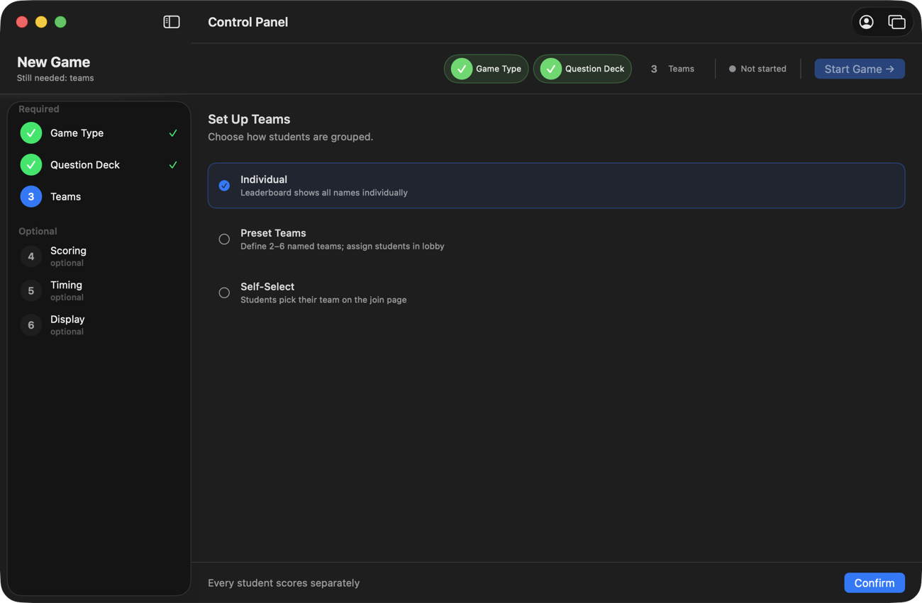 The Set Up Teams step with three choices: Individual, Preset Teams, and Self-Select.