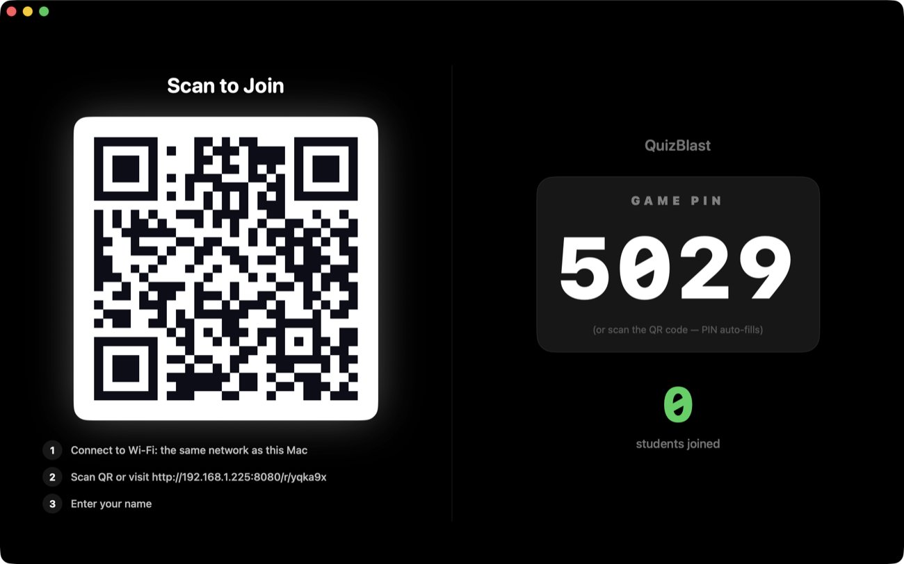 The projected Game Display lobby: a large QR code labeled Scan to Join, the game PIN, and three join steps.