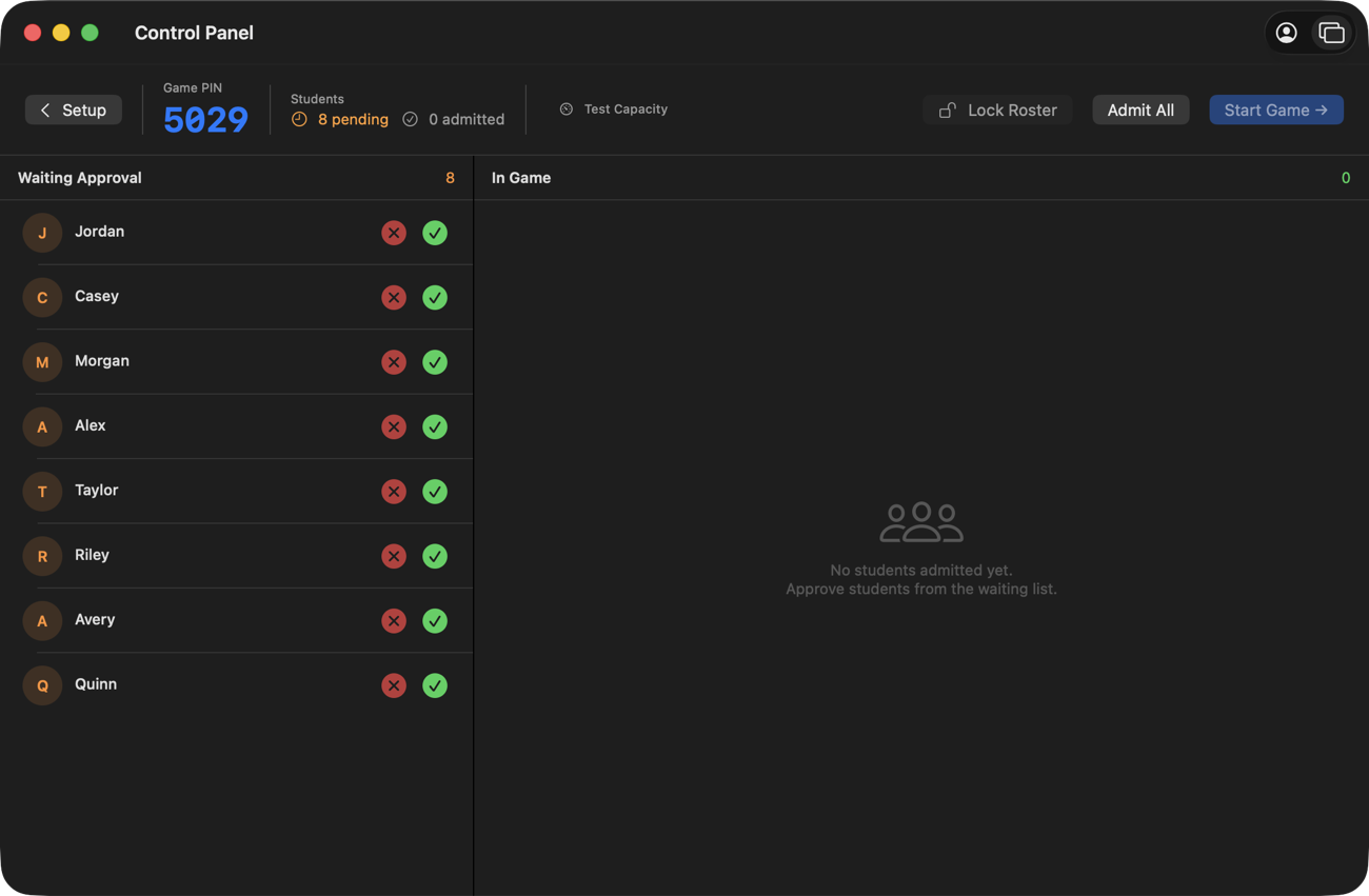 The control panel lobby with eight students in the Waiting Approval list, each with approve and reject buttons, and an Admit All button.